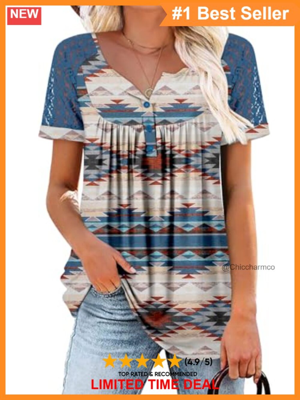 Womens Henley V Neck Floral Tunic Blouse Button Down Flowy Top
